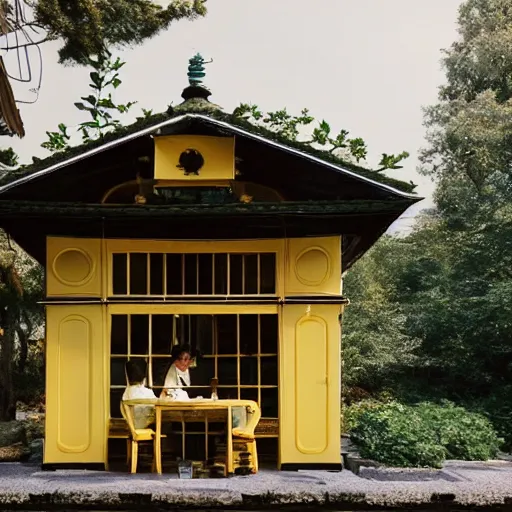 Prompt: a still from a Wes Anderson movie about a magical tea house