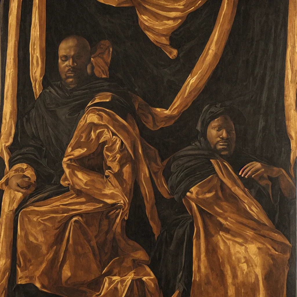 Image similar to Large black man sitting on throne wrapped in silk, background made of large folding curtains, dimly lit, dark, renaissance painting, style of carrivagio