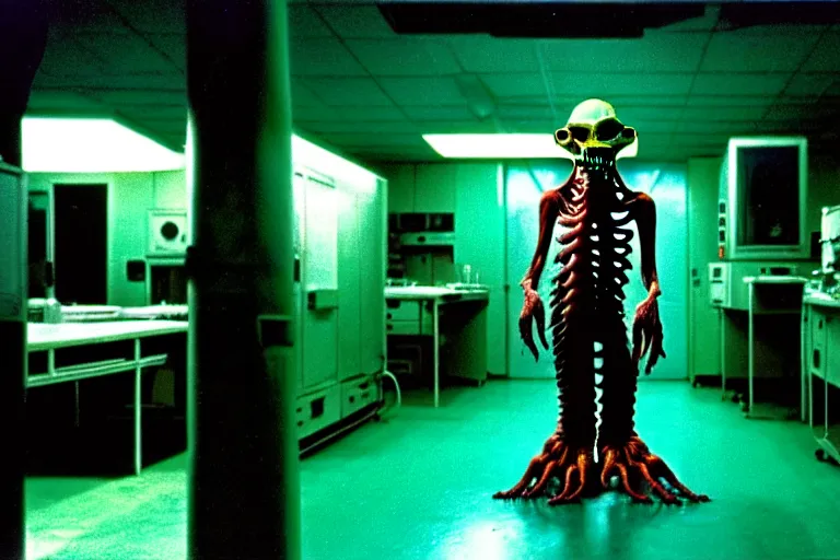 Image similar to a scary filmic wide shot color ground level angle movie still 35mm film photograph of the full body of a dangerous shape shifting alien creature, with multiple mutated snarling drooling human faces with a grotesque variety of human and animal limbs protruding from its lower torso inside of a 1970s science lab, neon lights, dirty, ektachrome photograph, volumetric lighting, f8 aperture, cinematic Eastman 5384 film