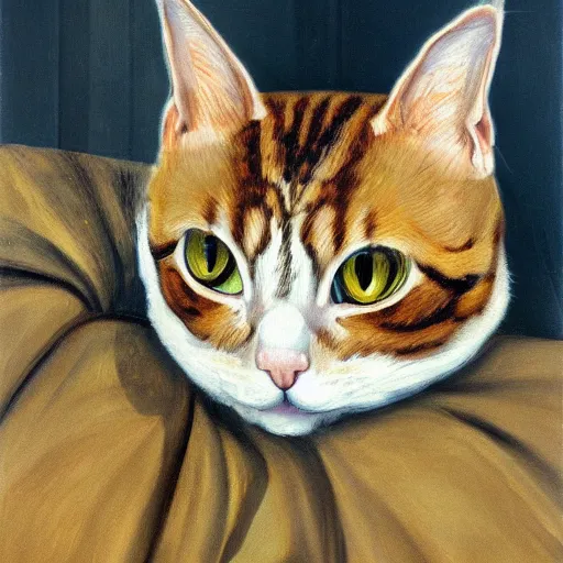 Image similar to high quality high detail painting by lucian freud, hd, brown cat with yellow eyes
