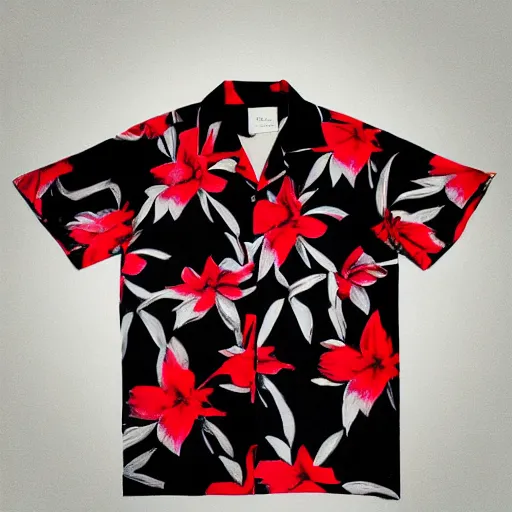 Image similar to aloha shirt black flower on red, photograph, realistic, filmic, cinematic