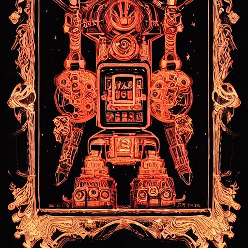 Image similar to black paper + elements + red + black + neon + baroque + rococo + ink + tarot card with ornate border frame + sebastien mitton, viktor antonov, sergey kolesov, detailed, intricate ink illustration + magic + glow + outline + laser + red + black + detailed robot falcon