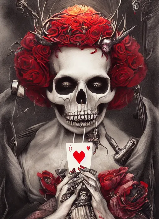 Image similar to Queen of Hearts having tea, Death Tarot card,highly detailed,half skull face,cinematic,8k,by Stanley Artgermm,Tom Bagshaw,Greg Rutkowski,Carne Griffiths, Ayami Kojima, Beksinski, Giger,trending on DeviantArt,hyper detailed,horror, full of colour