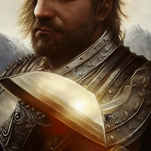 Image similar to A stunning portrait of a fearsome warrior. He wears polished, ornate silver armour. He holds a large sword. The setting is a mountain top at golden hour. Epic fantasy art. Award-winning on Artstation. Sharp. HD. 4K. 8K