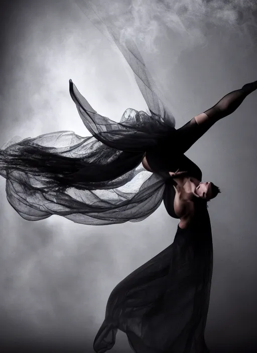 Image similar to a Photorealistic dramatic hyperrealistic render of a glamorous beautiful Female smoke dancer by Ken Brower and Deborah Ory of NYC Dance project,Lois Greenfield,Flowing cloth and smoke,Beautiful dynamic dramatic dark moody lighting,volumetric,shadows,cinematic atmosphere,Octane render,8K