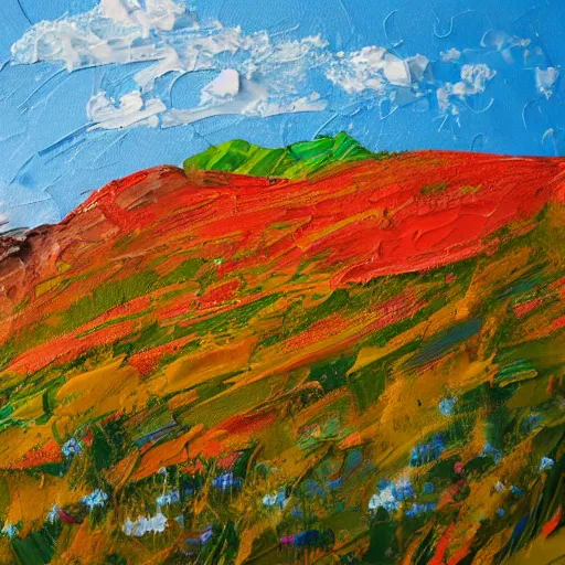 Image similar to thick impasto textured painting of a mountain side hill with wildflowers blooming