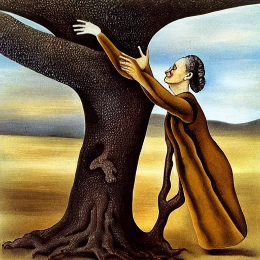 Prompt: Marie Curie hugging a tree by Salvador Dalí