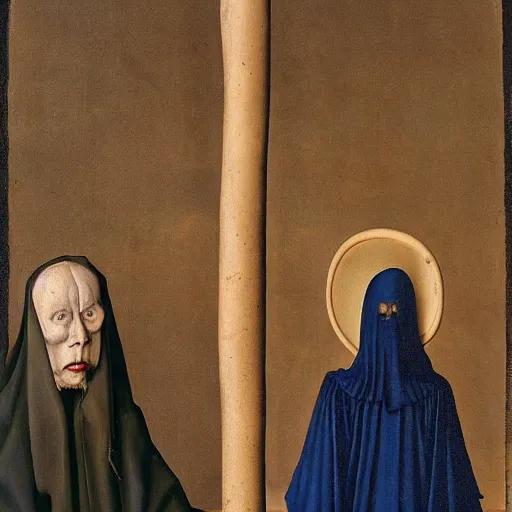 Prompt: two frail pale women disturbed faces gloomy background!! surreal hans memling