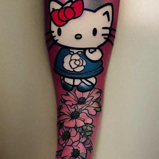 Prompt: beautiful gorgeous tattoo art of hello kitty, extremely intricate, professional art, striking pose, amazing