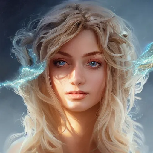 Image similar to an insanely detailed portrait of a beautiful woman facing you, highly detailed features, sparkling blue eyes, long eyelashes, long golden blonde hair, beautiful smile, in the style of peter mohrbacher, artgerm, dramatic lighting and composition, octane render, trending on artstation, concept art 8 k