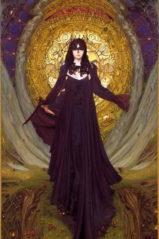 Image similar to masterpiece painting of ephemeral vampire raven haired girl by donato giancola, darius zawadzki and tom bagshaw, face by artgerm and edmund leighton, alphonse mucha, background by james jean and gustav klimt, 8 k, horror, dark color palette, volumetric lighting, porcelain skin, french nouveau, trending on pixiv