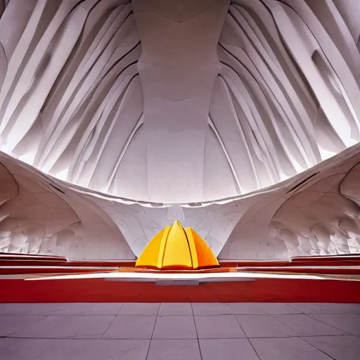 Image similar to interior of a futuristic lotus temple with gold, red and white marble panels, in the desert, by buckminster fuller and syd mead, intricate contemporary architecture, photo journalism, photography, cinematic, national geographic photoshoot