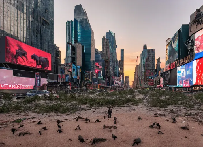 Image similar to film still of post apocalyptic empty time square at sunset, overgrown with wildlife walking through in the new sci - fi movie, 8 k