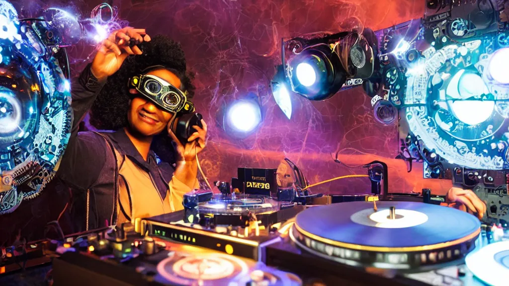 Image similar to a black woman wearing goggles and visor and headphones using an intricate clockwork record player turntable contraption, robot arms, turntablism dj scratching, intricate planetary gears, smoky atmosphere, cinematic, sharp focus, led light strips, bokeh, iridescent, black light, fog machine, hazy, lasers, spotlights, motion blur, color