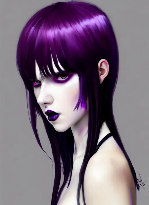 Image similar to portrait of white teenage girl, normal face, white bangs, mall goth, cyberlox, black and white hair, bangs, fluffy bangs, red contact lenses, purple lipstick, intricate, elegant, highly detailed, digital painting, artstation, concept art, sharp focus, smooth, illustration, art by wlop, mars ravelo and greg rutkowski