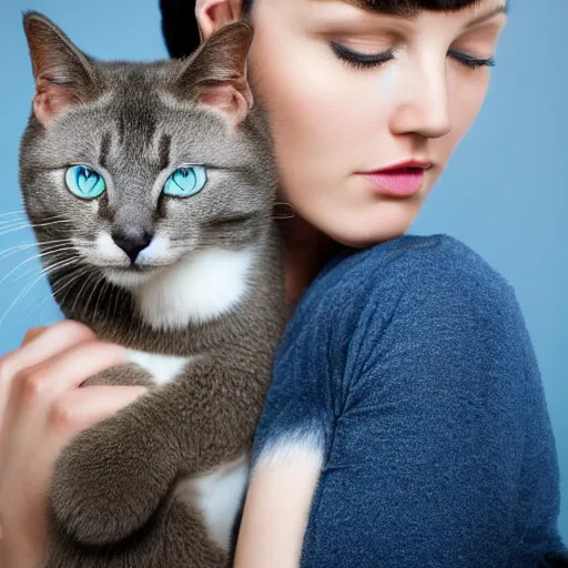 Prompt: A beautiful woman with blue short hair with bangs and green eyes holding a grey and white cat, full body portrait, highly detailed, excellent composition, dramatic lighting, realistic 4k