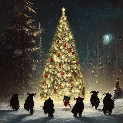Image similar to a lonely christmas tree surrounded by krampus like monsters, nighttime, dark, surroundings are illuminated by the christmas tree, eerie, in the style of craig mullins