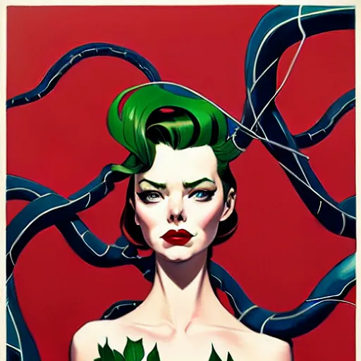 Image similar to joshua middleton, phil noto, artgerm, 1 9 5 0 s rockabilly emma stone poison ivy dc comics, pompadour, vines, symmetrical eyes, city rooftop