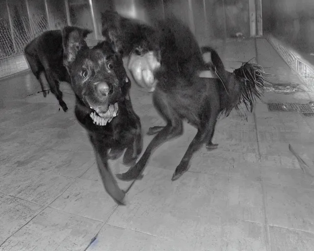 Image similar to camera footage of a 3 Aggressive Feral Black Dogs with severe rabies Chasing a young woman in an abandoned shopping mall, high exposure, dark, monochrome, camera, grainy, CCTV, security camera footage, timestamp, zoomed in, Creepy, Feral, fish-eye lens, Nightmare Fuel, Zombie Dog, Evil, Bite, Motion Blur, horrifying, lunging at camera :4