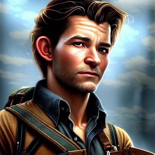 Image similar to A combination of Tom Holland's and Orlando Bloom's and Chris Pine's faces as Nathan Drake, western, D&D, fantasy, intricate, elegant, highly detailed, digital painting, artstation, concept art, matte, sharp focus, illustration, art by Artgerm and Greg Rutkowski and Alphonse Mucha