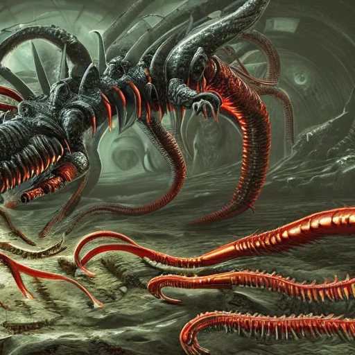 Prompt: Huge Demonic Centipede, Diplopodus the Terrible, Digital art, in the style of Doom Eternal and Lovecraft, 4k high detail,