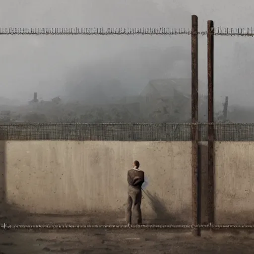 Image similar to a matte painting of a a man standing in front of a wire fence by emiliano ponzi