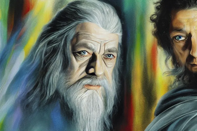 Image similar to gandalf and frodo painted in the style of francis bacon, expressionist, 4 k, realistic