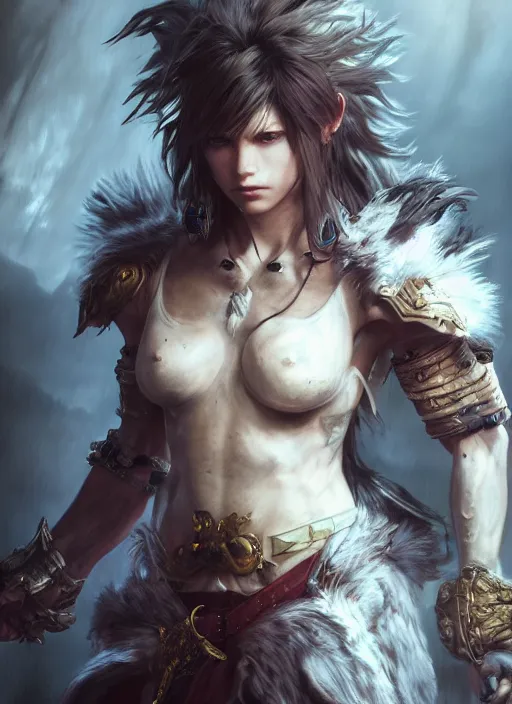 Image similar to warrior a Photorealistic dramatic hyperrealistic render of a beautiful Final Fantasy 10 character Kimahri Ronso by WLOP,Artgerm,Greg Rutkowski,Alphonse Mucha, Beautiful dynamic dramatic dark moody lighting,shadows,cinematic atmosphere,Artstation,concept design art,Octane render,8K