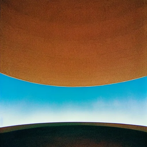 Prompt: a photo taken from inside a massive circular Non-Euclidean clay building sitting in the desert, vintage photo, beautiful cinematography, blue sky, surreal, film grain, symmetrical, coliseum, James Turrell