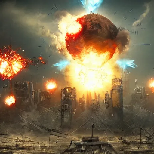 Prompt: science - fiction futuristic apocalyptic war scene with explosions