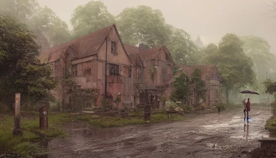 Image similar to A highly detailed matte painting of abandoned english village, rusty, rainy day, muddy road, old cemetery, by Studio Ghibli, Makoto Shinkai, by Artgerm, by WLOP, by Greg Rutkowski, volumetric lighting, octane render, 4K resolution, trending on artstation, masterpiece