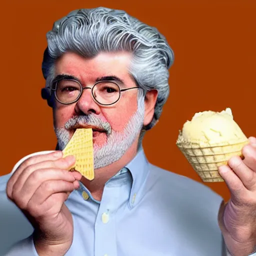 Prompt: george lucas eating a cone of cheese flavored ice cream