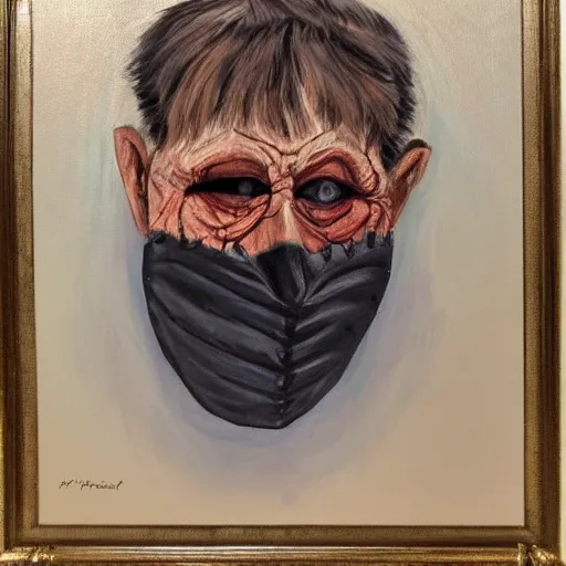 Image similar to painting of an old man wearing a scary mask