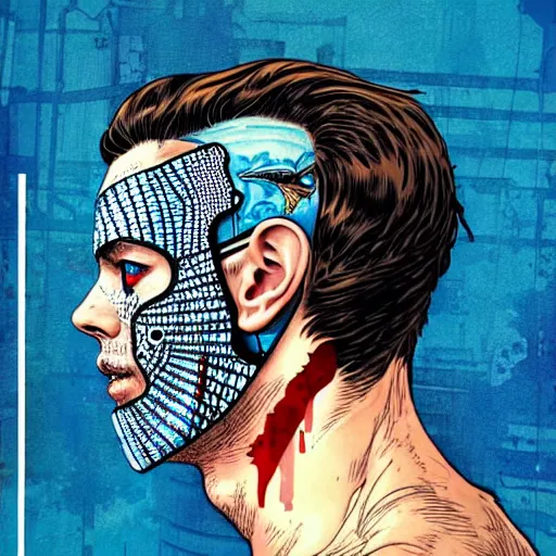 Image similar to a portrait of a back man with side profile blood in ocean intricate details :: side profile :: futuristic mask :: by MARVEL comics and Sandra Chevrier