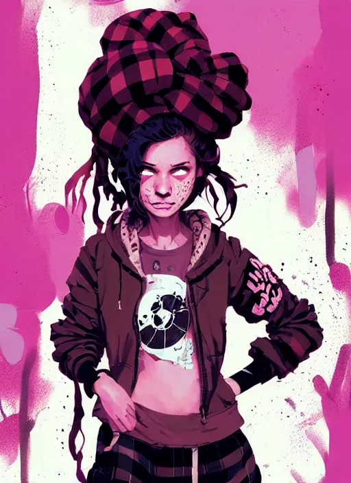 Image similar to highly detailed portrait of a sewer punk lady, tartan hoody, blonde ringlet hair by atey ghailan, by greg rutkowski, by greg tocchini, by james gilleard, by joe fenton, by kaethe butcher, gradient magenta, black, blonde cream and white color scheme, grunge aesthetic!!! ( ( graffiti tag wall background ) )