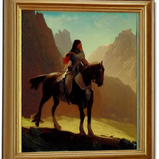 Prompt: female knight on horse, valley with mountains, by albert bierstadt