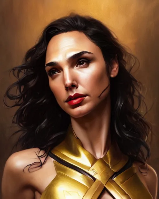 Image similar to gal gadot vampire, perfect face, gold waistcoat, cinematic, stunning, highly detailed, digital painting, artstation, smooth, hard focus, illustration, art by artgerm and greg rutkowski and alphonse mucha