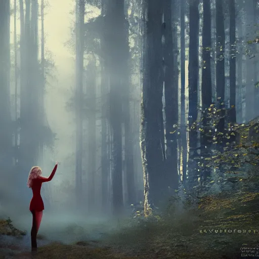 Prompt: taylor swift holding her hand out for you to hold, long hair with bangs, Crystal clear blue eyes, full-body-shot, beautiful fog lit forest backround, oil colors, elegant, sharp focus, cute face, Hyper-realistic, Highly Detailed, HD, Dramatic Lighting by Brom, by beeple, studio ghibli, wallpaper, highly detailed, trending on artstation