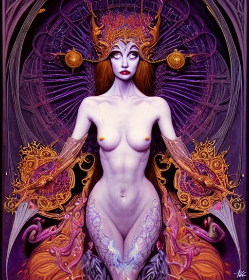 Image similar to symmetrical painting, a beautiful female sorceress in dress, pretty, detailed and intricate, perfect body shape, perfect face, hypermaximalist, elegant, ornate, luxury, elite, matte painting, cinematic lighting, james jean, brian froud, wayne barlowe,