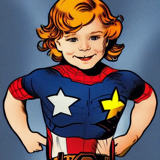Image similar to a little boy with a mischievous face and short ginger hair. he is dressed as captain america, spider - man, batman, captain marvel, a superhero. well composed, clean elegant painting, beautiful detailed face. by steve ditko and jack kirby and alphonse mucha