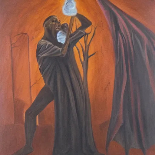 Image similar to dark magic excorcist performing an exorcism, oil painting,