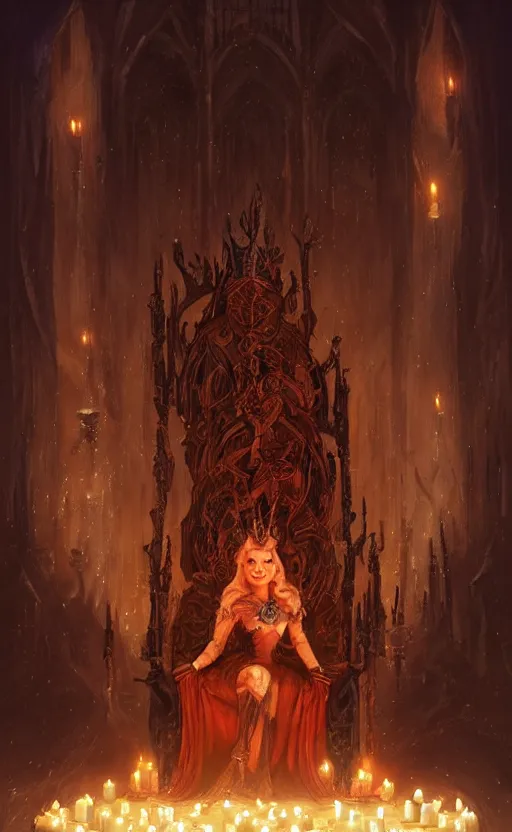 Image similar to An evil queen sits on her throne, candles light the darkened room, goblins surround the throne worshipping her, fantasy, highly detailed, digital painting, artstation, concept art, illustration, art by Greg Rutkowski and Marc Simonetti