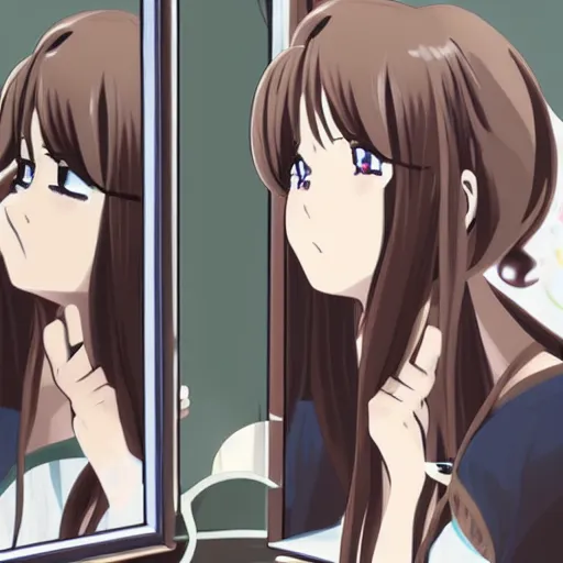 Image similar to an anime girl looking at her reflection in a mirror