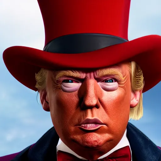 Image similar to portrait of donald trump as willy wonka in skyrim, fantasy, splash art, movie still, detailed face, photorealistic facial features, cinematic lighting, dramatic, octane render, long lens, shallow depth of field, bokeh, anamorphic lens flare, 8 k, hyper detailed, 3 5 mm film grain