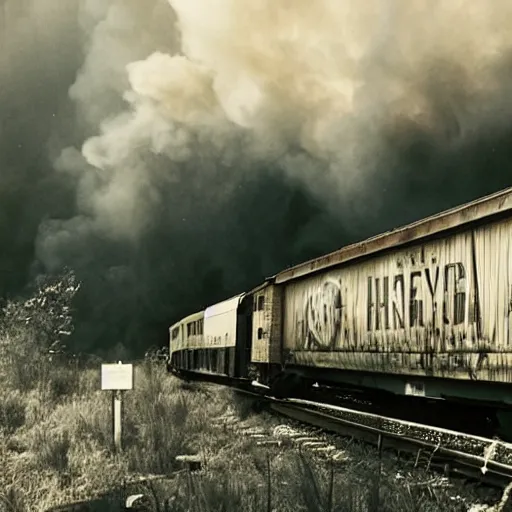 Image similar to Old boxcar train on the railroad, fire in the background, atmospheric and depressed, post-apocalyptic, Cinematic, film still from a horror movie