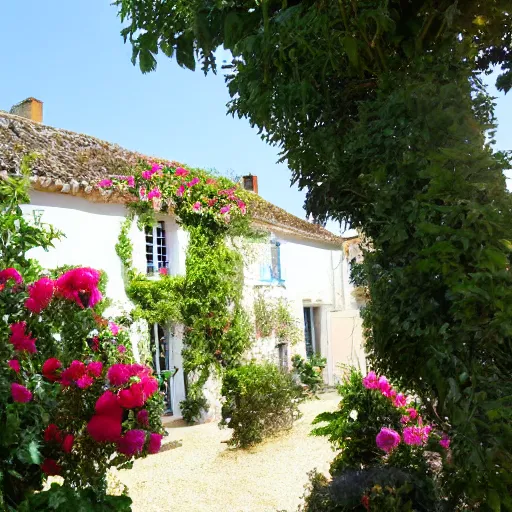 Prompt: ile de re house with a garden full of tremiere rose, two stores, white walls, orange roof