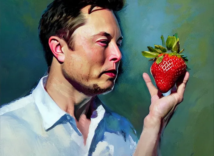 Image similar to a highly detailed beautiful portrait of elon musk with an strawberry, by gregory manchess, james gurney, james jean