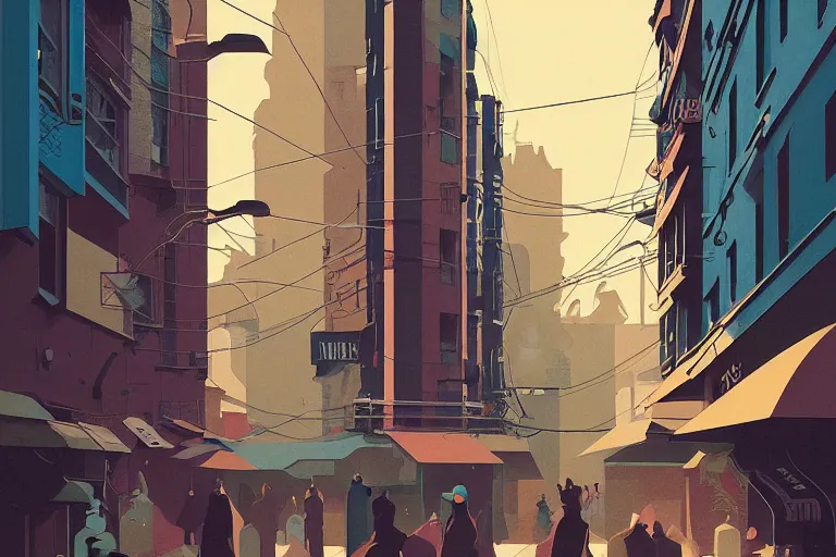 Image similar to busy small town street, lush, many people, modern art deco, colorful, mads berg, christopher balaskas, victo ngai fine texture, detailed, muted colors, dynamic composition, matte print, wide angle, moody, stippled light, very grainy texture, stippled shadows