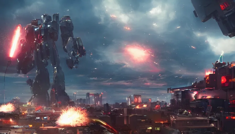 Image similar to cinematographic shot of a giant robot destroying las vegas while army firing at it, night, hyperdetailed, artstation, cgsociety, 8 k