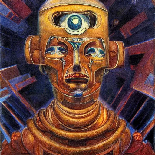 Prompt: the robot wearing the bone crown, by Annie Swynnerton and Diego Rivera, symbolist, dramatic lighting, elaborate geometric ornament, Art Brut ,god rays, soft cool colors,smooth, sharp focus, extremely detailed, Adolf Wölfli